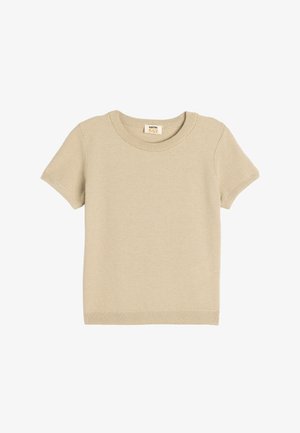 Beige bomulds t-shirt med korte ærmer, rund hals, ribbede detaljer ved ærmer og kant, glat tekstur og et mærke med brandnavnet.