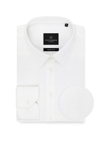 Biała koszula slim-fit wykonana z teksturowanej tkaniny, z klasycznym kołnierzykiem, zapinana na guziki oraz mankietami na dwa guziki. Zawiera próbkę materiału.