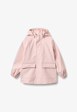 Šviesiai rožinis gobtuvu palaidintas lietpaltis su elastingais rankogaliais ir dviem priekinėmis kišenėmis su antkišenklių apvadais, išdėstytas ant baltos fono.