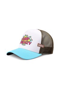 Cappello da camionista con frontale bianco, visiera azzurra chiara e retro in rete marrone. Presenta la scritta "SURF FRENZY" in caratteri colorati e giocosi.