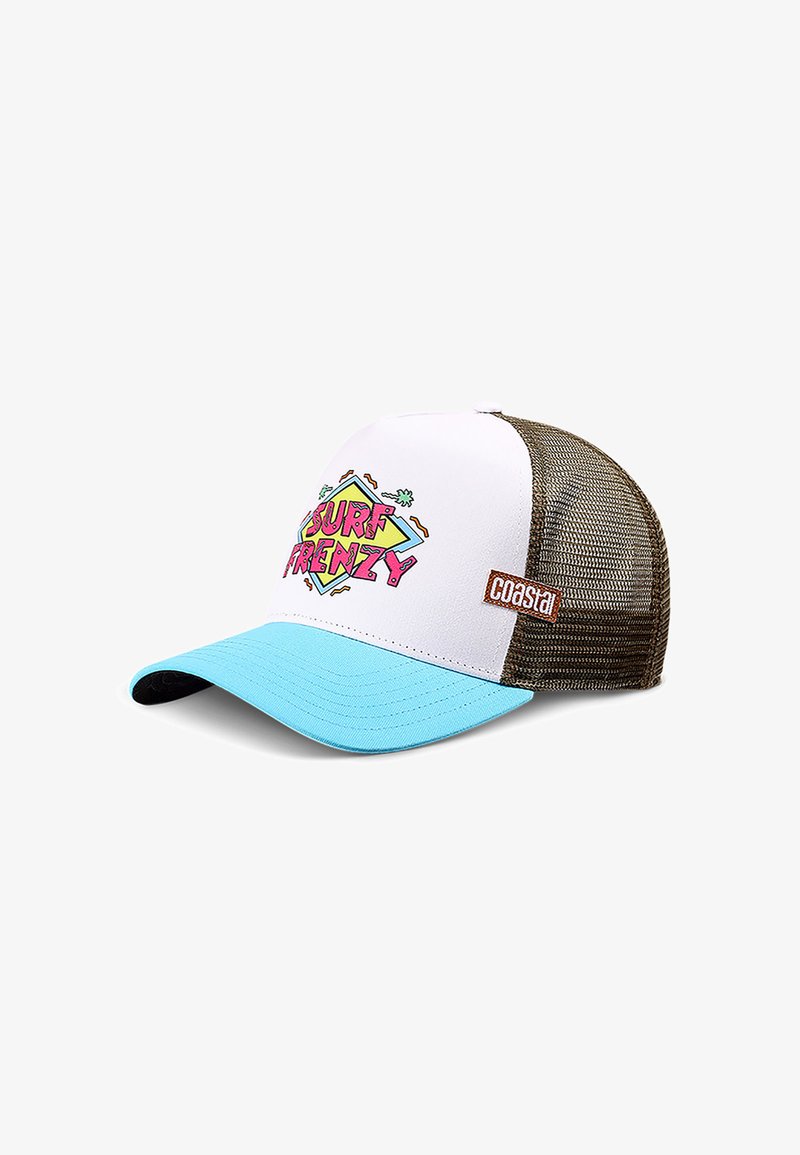 Cappello da camionista con frontale bianco, visiera azzurra chiara e retro in rete marrone. Presenta la scritta "SURF FRENZY" in caratteri colorati e giocosi.