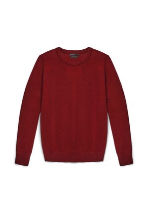 Maglione girocollo rosso realizzato in tessuto morbido, con maniche lunghe e polsini e orlo a costine. Colore solido semplice senza fantasie.