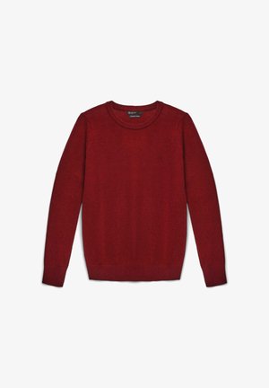Pull à col rond rouge en tissu doux, doté de manches longues et de bords-côtes au niveau des manches et de l'ourlet. Couleur unie et simple, sans motifs.