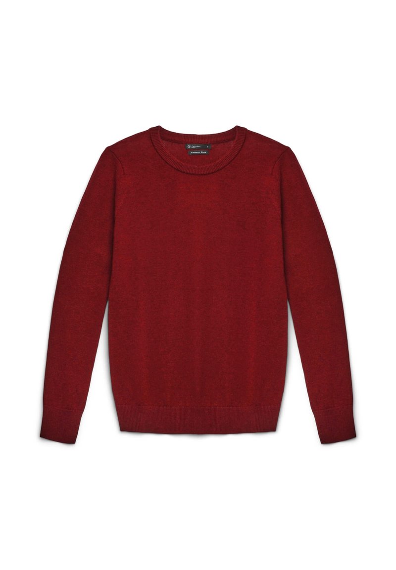 Maglione girocollo rosso realizzato in tessuto morbido, con maniche lunghe e polsini e orlo a costine. Colore solido semplice senza fantasie.