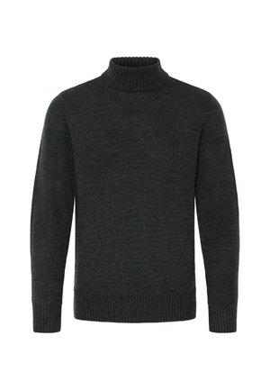 Maglione a collo alto grigio scuro realizzato in tessuto a maglia testurizzato. Presenta collo, polsini e orlo a coste. Nessun motivo o dettaglio aggiuntivo presente.