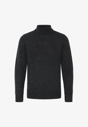 Maglione a collo alto grigio scuro realizzato in tessuto a maglia testurizzato. Presenta collo, polsini e orlo a coste. Nessun motivo o dettaglio aggiuntivo presente.
