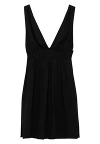 Schwarzes ärmelloses Kleid mit tiefem V-Ausschnitt, geraffter Taille und fließendem Rock. Hergestellt aus leichtem Stoff mit glatter Textur.