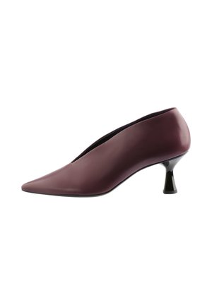 Burgundy leather pointed-toe pump with a low, glossy black heel and a deep V-shaped opening on the instep. Smooth texture and minimalist design.