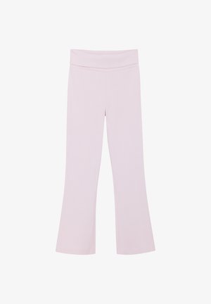 Leggings a zampa in tessuto a coste rosa chiaro, con una fascia larga in vita. Texture liscia con un colore uniforme e senza motivi o accenti visibili.