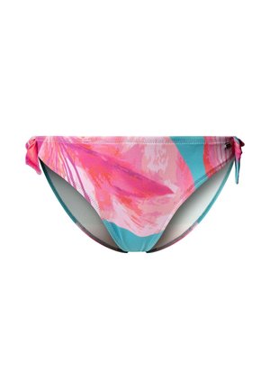 Braguita de bikini de mujer con lazos laterales y un patrón abstracto en rosa, coral y turquesa sobre fondo blanco.