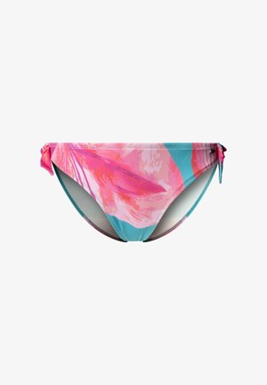 Slip bikini da donna con lacci laterali e motivo astratto rosa, corallo e turchese su sfondo bianco.