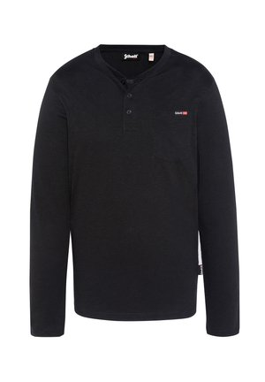 Sort langærmet henley-shirt lavet af blødt bomuld, med en knaplukning, brystlomme og subtilt logo-detalje.
