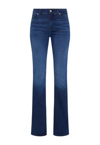 Jeans évasés bleu foncé en denim. Présente un design classique à cinq poches et une fermeture à bouton à l'avant. Texture lisse avec une légère brillance.