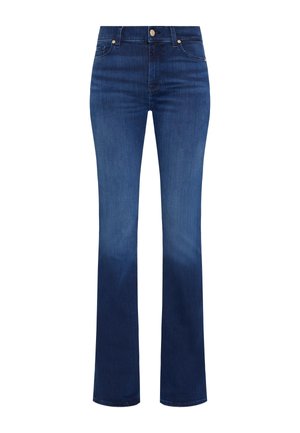 Dunkelblaue Schlagjeans aus Denim. Verfügt über ein klassisches Fünf-Taschen-Design und einen vorderen Knopfverschluss. Glatte Textur mit leichtem Glanz.