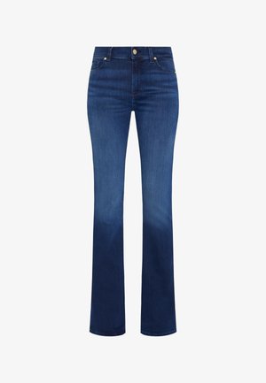 Dunkelblaue Schlagjeans aus Denim. Verfügt über ein klassisches Fünf-Taschen-Design und einen vorderen Knopfverschluss. Glatte Textur mit leichtem Glanz.