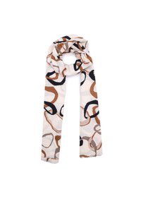 Foulard leggero con motivi circolari astratti in nero, marrone e beige, posizionato a loops sciolti nella parte superiore su uno sfondo bianco.