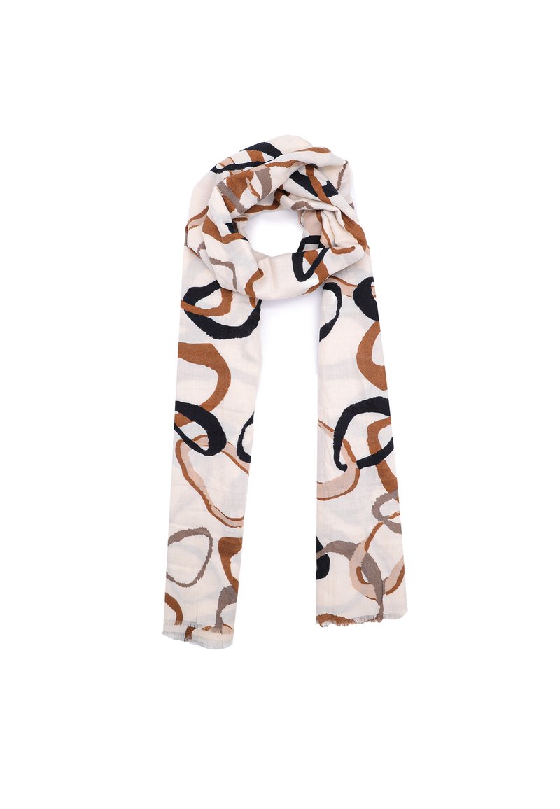 Foulard leggero con motivi circolari astratti in nero, marrone e beige, posizionato a loops sciolti nella parte superiore su uno sfondo bianco.
