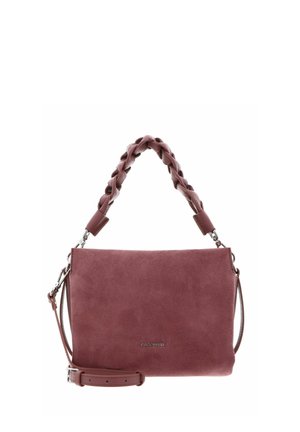 Sac à main mauve doux avec poignée supérieure tressée et bandoulière réglable, avec petit logo de la marque en argent à l'avant.