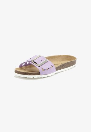 Purple suede slide sandal with two cut-out straps and a metal buckle. Features a cork footbed and a white rubber sole with raised texture.