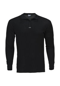 Sort langærmet polo shirt med lynlås, lavet af letvægtsstof, med tætsiddende pasform og broderet logo på brystet.
