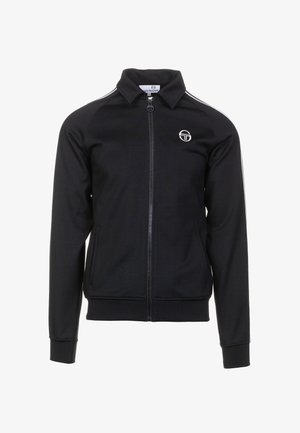 Schwarze Zip-Jacke mit Kragen, mit weißen Streifenakzenten auf den Schultern und einem Logo auf der Brust. Aus glattem Stoff gefertigt.