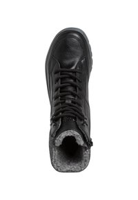 Black leather boot with rounded toe, textured gray inner lining, black laces, and side zipper for easy access. Flat rubber sole.