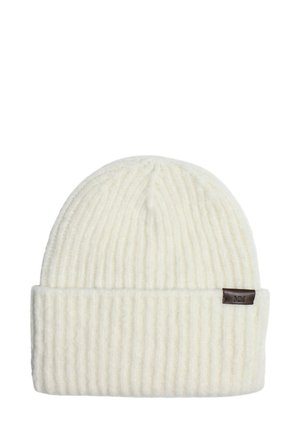 Berretto lavorato a maglia a costine di colore bianco sporco con risvolto e piccolo etichetta in pelle marrone sul lato impresso con le iniziali "MM".