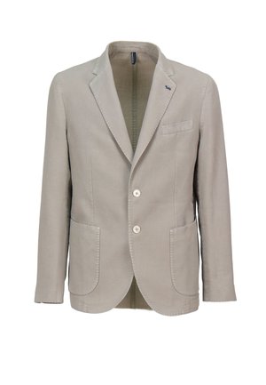 Muški sako svijetlo bež boje s ovratnikom s usjekom, dva prednja džepa, džep na prsluku i dva bijela gumba, prikazan sprijeda na bijeloj pozadini.