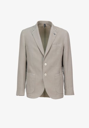 Lyse beige herreblazer med hakrevers, to forlommer, brystlomme og to hvide knapper, vist forfra mod hvid baggrund.