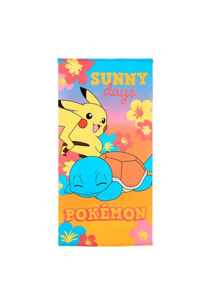 Helles Handtuch mit Pikachu und Schiggy, umgeben von bunten Hibiskusblumen, Text „Sonnige Tage“ und „Pokémon“ auf einem Farbverlauf-Hintergrund.