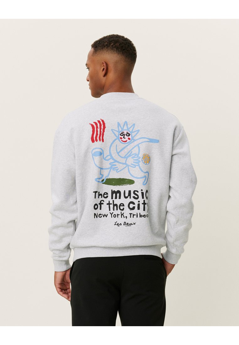 Hall hallusega hall sweatshirt, millel on värviline graafiline kujundus seljaosal, sisaldades teksti ja erinevaid illustreeritud elemente. Puuvillane kangas.