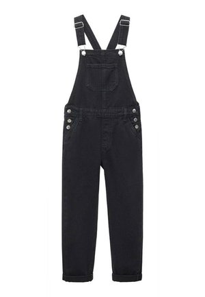 Czarne ogrodniczki z denimu z regulowanymi ramiączkami na ramiona, przednią kieszenią na piersi, bocznymi zapięciami na guziki oraz podwiniętymi nogawkami.