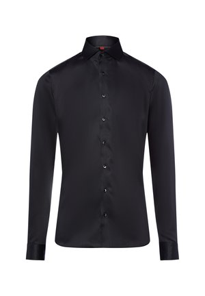 Black long-sleeve shirt made of smooth fabric; features a classic collar, front button closure, and buttoned cuffs with a sleek design.