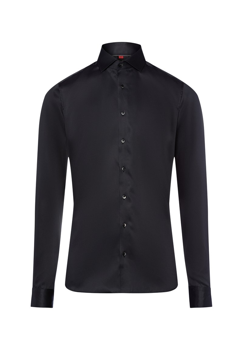 Maglietta nera a maniche lunghe realizzata in tessuto liscio; presenta un colletto classico, chiusura frontale con bottoni e polsini con bottoni dal design elegante.