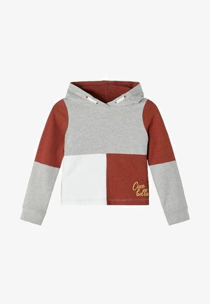 Sweat à capuche pour enfants avec des blocs de couleur gris, marron et blanc, et "Ciao bella" brodé en jaune sur le bas droit devant.