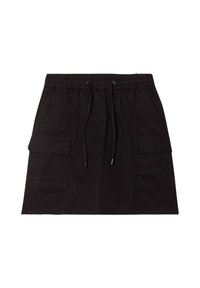 Jupe noire, de longueur genou, en coton avec une taille élastique et un cordon de serrage. Équipée de deux poches plaquées à l'avant pour le rangement.