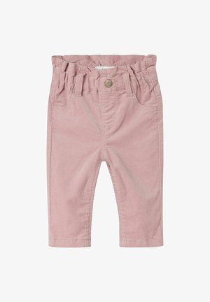 Rosa Cord-Hosen mit elastischem Bund, Fronttaschen und einem dekorativen Knopf. Weiche Textur und taillierter Beinverlauf.
