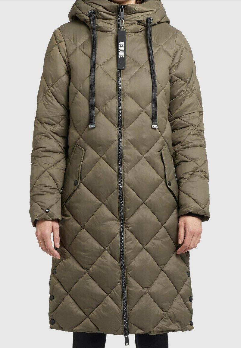 Quilted olive green long coat with a zip front, adjustable hood, black drawstrings, and side pockets, featuring snap buttons along the hem.