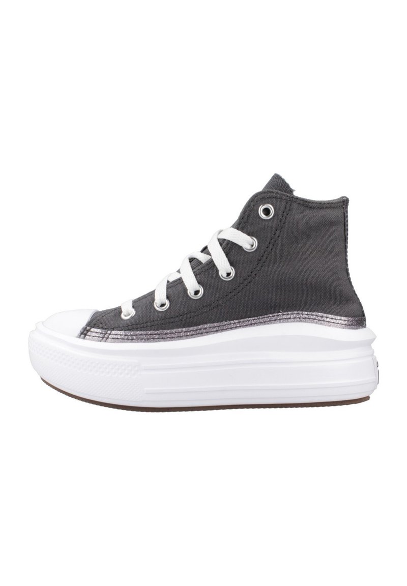 Sneaker alta in tela grigia scura con suola in gomma bianca, dotata di lacci bianchi e un accento argentato lungo il midsole.