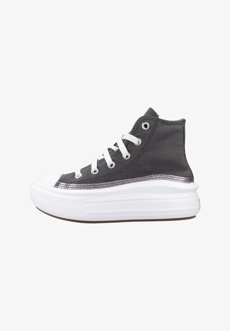 Visoke tenisice od tamnosivog platna s bijelim gumiranim potplatom, s bijelim vezicama i srebrnim akcentom uz srednji potplat.