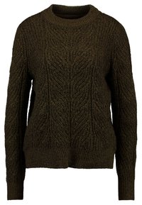 Pull en maille vert foncé avec un motif torsadé texturé, col rond et manches longues, finition avec poignets et ourlet côtelés.
