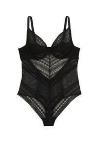 Bodysuit en dentelle noire avec des motifs géométriques complexes, des sections transparentes et des bretelles réglables. Dispose de bonnets armés et d'une fermeture à pression au bas.