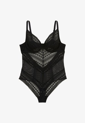 Bodysuit noir avec armatures, mettant en avant des dentelles et des motifs géométriques complexes, des panneaux en mesh transparent, des bretelles ajustables et une fermeture à pression.