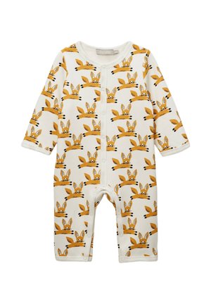 Barboteuse blanche pour bébé à manches longues avec des boutons-pression, ornée d'un imprimé intégral de renards orange aux oreilles et visages détaillés.