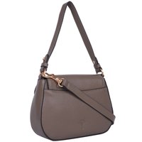 Sac à main en cuir brun avec une forme structurée, doté d'une seule sangle réglable, de quincaillerie dorée et de détails en relief du logo.