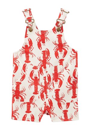 Salopette blanche pour tout-petit avec imprimé homard rouge, bretelles réglables avec boucles en métal et poches avant.
