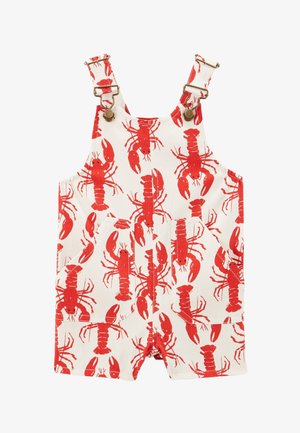 Salopette blanche pour tout-petit avec imprimé homard rouge, bretelles réglables avec boucles en métal et poches avant.