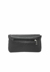 Pochette nera in pelle con finitura texturizzata, chiusura a zip e tasca frontale. Design rettangolare compatto adatto a vari utilizzi.