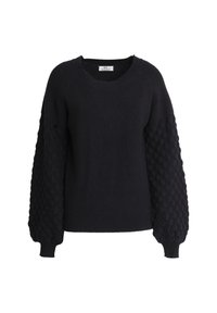 Schwarzer gestrickter Pullover mit strukturierten, bubbelmusterartigen Ärmeln und einem weit geschnittenen Ausschnitt. Gerippte Bündchen und Saum verleihen dem Design Struktur.
