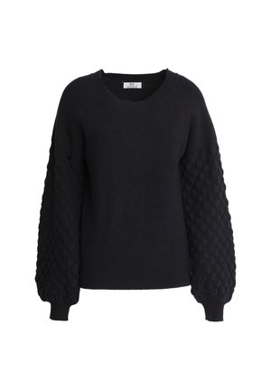 Natuurlijk zwart gebreid sweater met gestructureerde, bubbelpatroon mouwen en een brede halslijn. Ribgebreide manchetten en taille geven structuur aan het ontwerp.